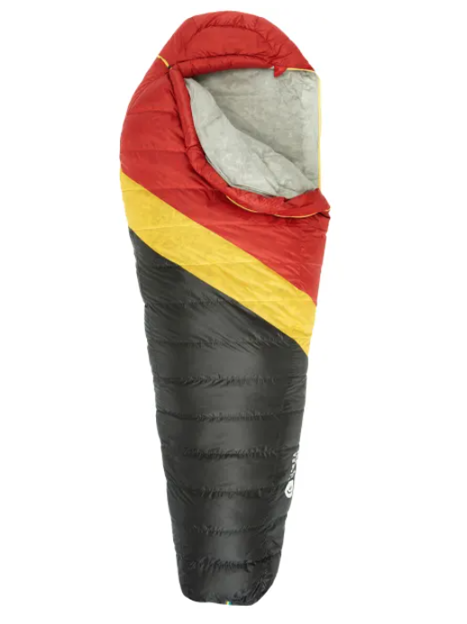 This is a photo of the Sierra Designs Nitro 20 sleeping bag present on a white background. The sleeping bag is half red and half black with a yellow line going between the two colours. The bag has horizontal baffles and is partially unzipped.